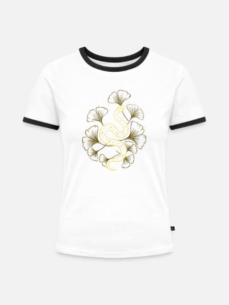Schlange mit Ginkgo im Frühling - Frauen Kontrast-T-Shirt - Weiß/Schwarz