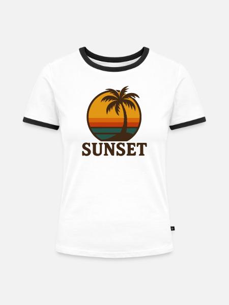 Retro Sunset Palmenstrand - Frauen Kontrast-T-Shirt - Weiß/Schwarz