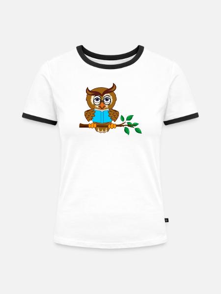 Ast Eule mit blauem Buch - Frauen Kontrast-T-Shirt - Weiß/Schwarz