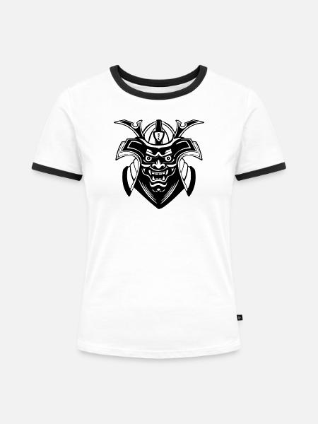 Schatten-Menpō-Masken-Design - Frauen Kontrast-T-Shirt - Weiß/Schwarz