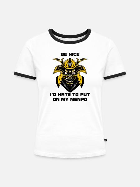 Gelb-schwarzer Menpo mit Warntext - Frauen Kontrast-T-Shirt - Weiß/Schwarz