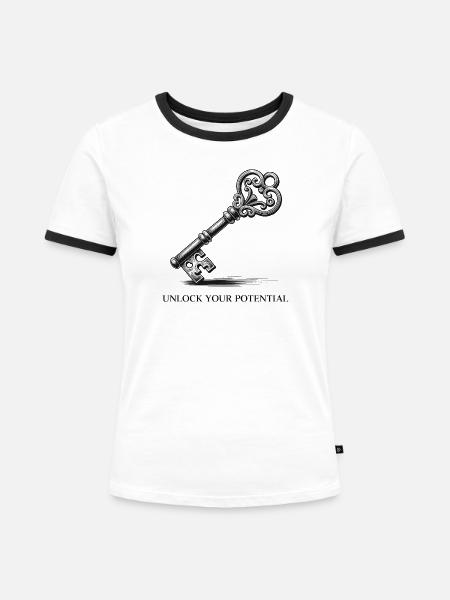Schlüsselmotiv mit Schnörkel Design - Frauen Kontrast-T-Shirt - Weiß/Schwarz