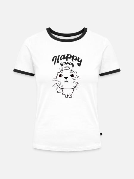 Happy Cat - Frauen Kontrast-T-Shirt - Weiß/Schwarz