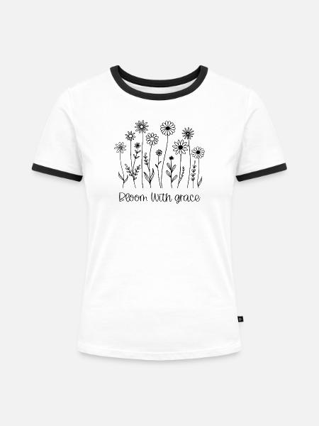 Blüte mit Anmut Wildblume Strichkunst - Frauen Kontrast-T-Shirt - Weiß/Schwarz