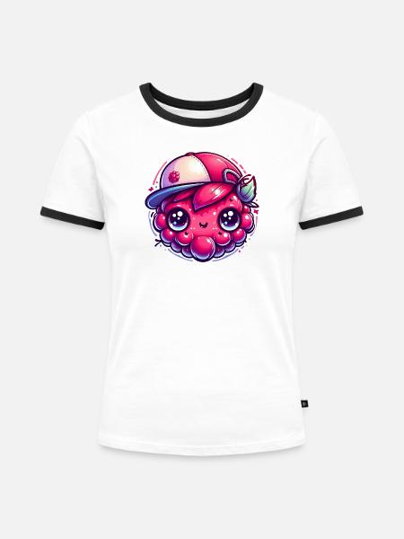 Himbeere Kawaii mit bunter Kappe - Frauen Kontrast-T-Shirt - Weiß/Schwarz