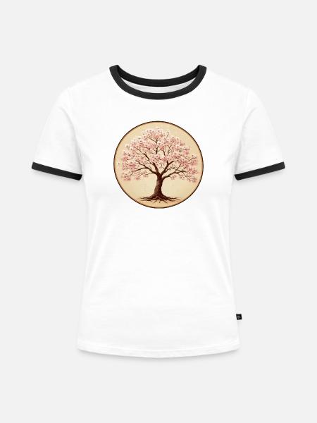 Zarter Kirschblütenbaum - Frauen Kontrast-T-Shirt - Weiß/Schwarz