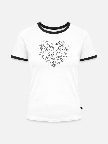 Florales Herzmuster, Blumenranke filigran - Frauen Kontrast-T-Shirt - Weiß/Schwarz