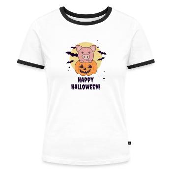 Schwein in Kürbis süße Schweine Happy Halloween - Frauen Kontrast-T-Shirt - Weiß/Schwarz - Vorne - Selfina (174cm)