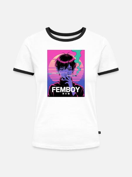Vaporwave Femboy mit Glitch-Style - Frauen Kontrast-T-Shirt - Weiß/Schwarz
