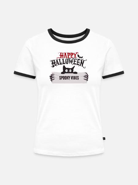 Katze - Happy Halloween - Frauen Kontrast-T-Shirt - Weiß/Schwarz