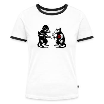 Krieg und Frieden | Ratten Banksy-StreetArt-Style - Frauen Kontrast-T-Shirt - Weiß/Schwarz - Vorne - Selfina (174cm)