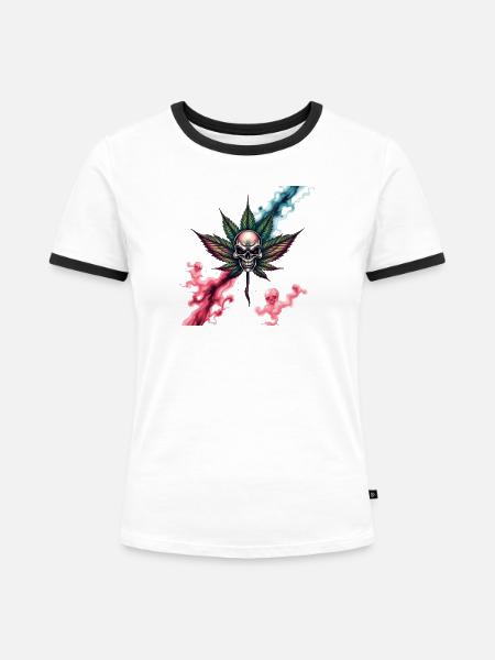 Skull mit farbigem Cannabisblatt - Frauen Kontrast-T-Shirt - Weiß/Schwarz