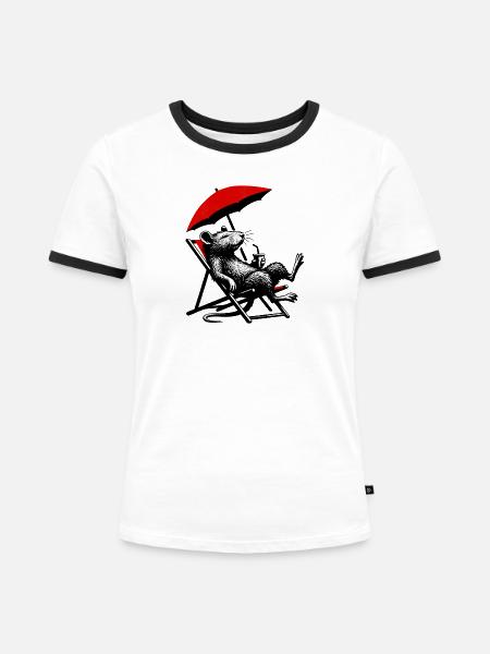 Ratte am Strand mit Cocktail - Frauen Kontrast-T-Shirt - Weiß/Schwarz