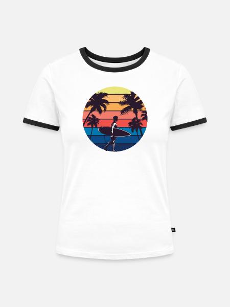 Sonnenuntergang Surfer Silhouette - Frauen Kontrast-T-Shirt - Weiß/Schwarz