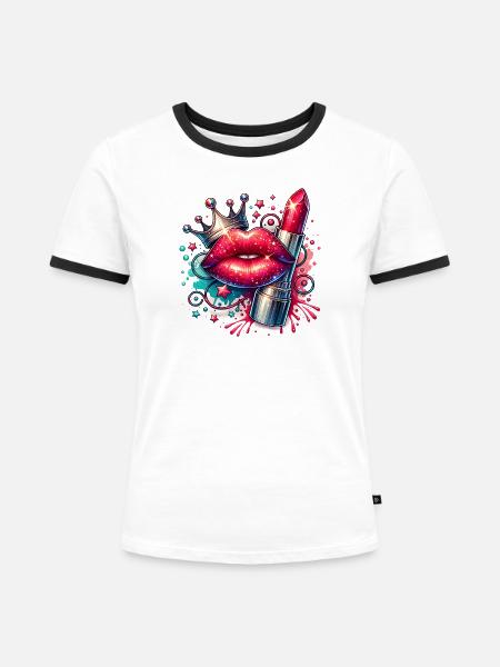 Mädchenkram Glamour Königin Lippenstift - Frauen Kontrast-T-Shirt - Weiß/Schwarz