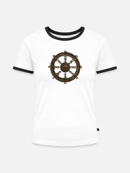 Lotus Dharma Rad-Mandala - Frauen Kontrast-T-Shirt - Weiß/Schwarz