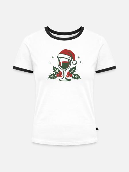 Weinglas mit Santa Hut Beeren - Frauen Kontrast-T-Shirt - Weiß/Schwarz