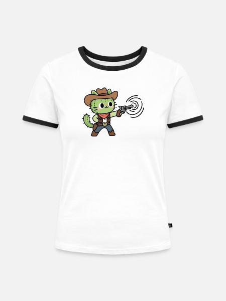 Grüne Cowboykatze mit Pistole - Frauen Kontrast-T-Shirt - Weiß/Schwarz