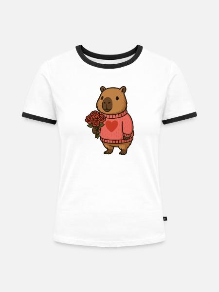 Capybara mit Rosenstrauß – Süßes Valentinsmotiv - Frauen Kontrast-T-Shirt - Weiß/Schwarz