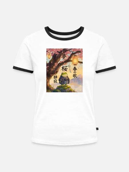 Traditionelle japanische Froschkunst unter Sakura-Baumkunst - Frauen Kontrast-T-Shirt - Weiß/Schwarz