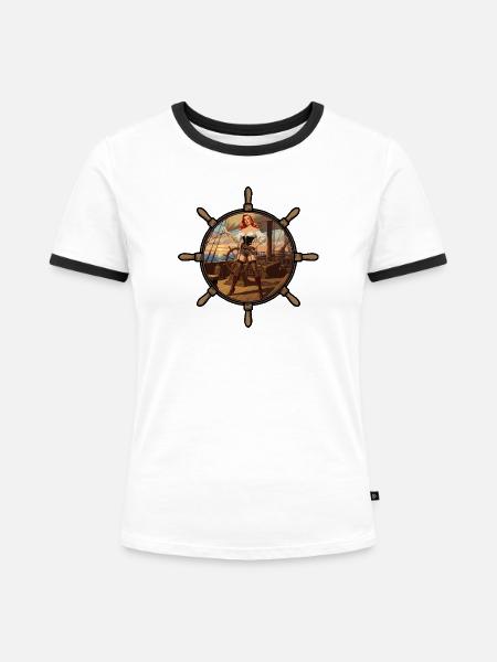 Piraten-Pinup - Frauen Kontrast-T-Shirt - Weiß/Schwarz