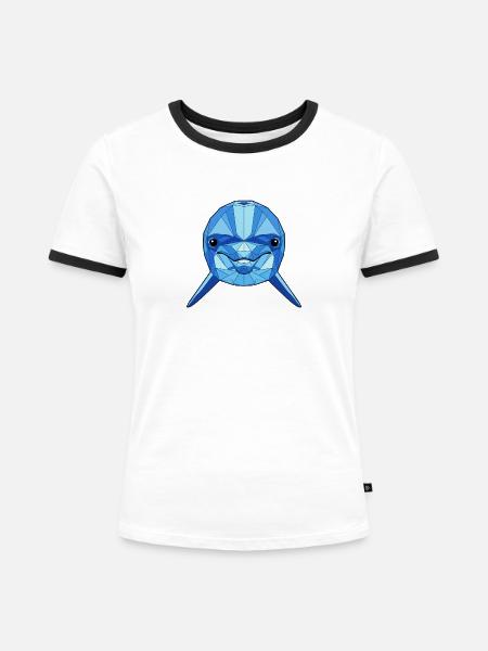 Geometrischer Blauer Delfin - Frauen Kontrast-T-Shirt - Weiß/Schwarz