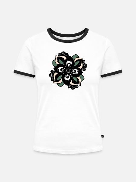 Blütenmandala Grün-Peach - Frauen Kontrast-T-Shirt - Weiß/Schwarz