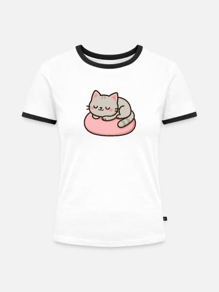 Süße Katze auf rosa Kissen - Frauen Kontrast-T-Shirt - Weiß/Schwarz