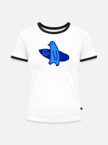 Surfer Surfergirl Pinguin Surfen  - Frauen Kontrast-T-Shirt - Weiß/Schwarz