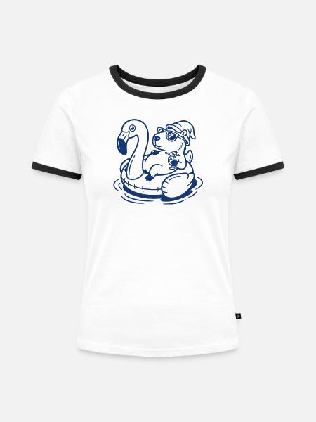 Flamingo-Float Capy - Frauen Kontrast-T-Shirt - Weiß/Schwarz