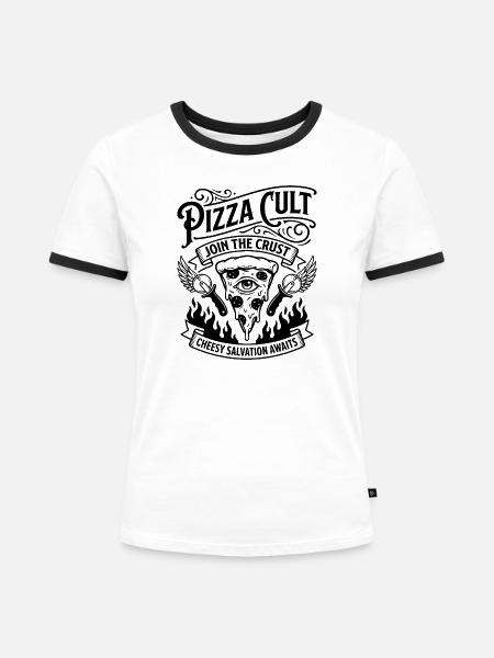 Pizza Cult Cheesy Salvation - Frauen Kontrast-T-Shirt - Weiß/Schwarz