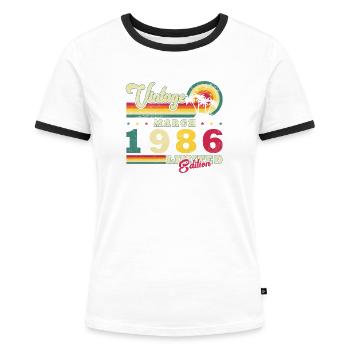 40. Geburtstag Geschenk März 1986 Vintage Retro - Frauen Kontrast-T-Shirt - Weiß/Schwarz - Vorne - Selfina (174cm)