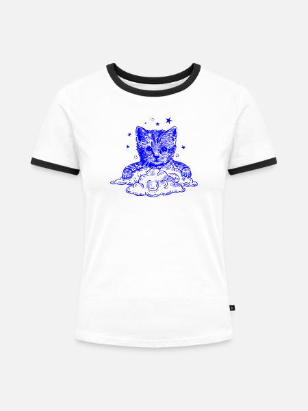 Blauer Katze auf Wolken - Frauen Kontrast-T-Shirt - Weiß/Schwarz