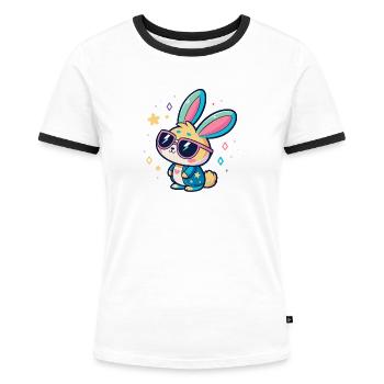Pastel Bunny Pop Sonnenbrille - Frauen Kontrast-T-Shirt - Weiß/Schwarz - Vorne - Selfina (174cm)