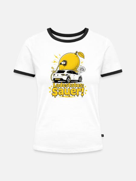 Ladestatus Sauer, E Auto Satire. - Frauen Kontrast-T-Shirt - Weiß/Schwarz