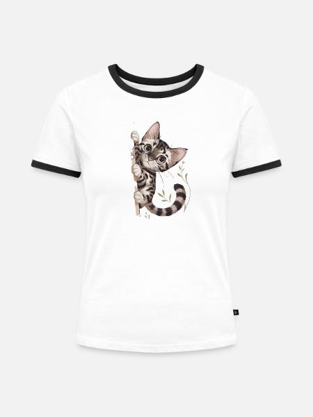 Neugierige Katze Mit Pflanzenmotiv - Frauen Kontrast-T-Shirt - Weiß/Schwarz
