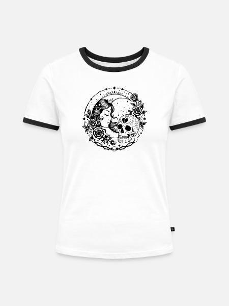 Design der gotischen Mondgöttin Schädelrose - Frauen Kontrast-T-Shirt - Weiß/Schwarz