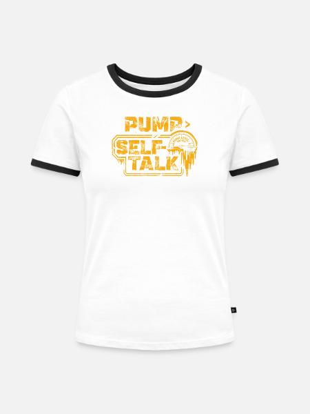 Die Pumpe > Das Selbstgespräch | Fitnessstudio-Motivation - Frauen Kontrast-T-Shirt - Weiß/Schwarz