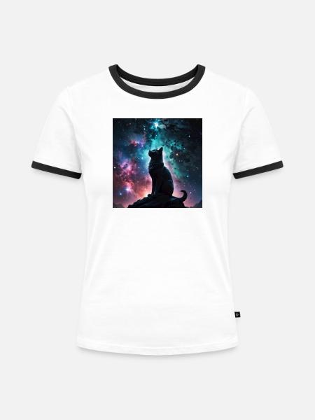 kosmische Katze - Frauen Kontrast-T-Shirt - Weiß/Schwarz