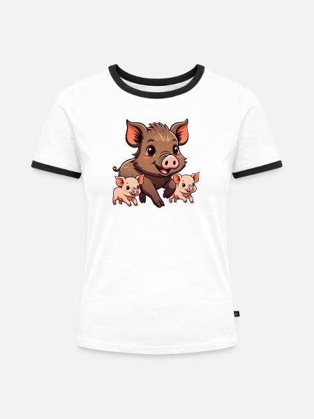 Wildschwein mit Ferkeln - Frauen Kontrast-T-Shirt - Weiß/Schwarz