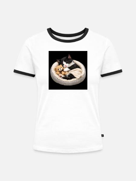 Kätzchen schläft mit ihrem Teddybären - Frauen Kontrast-T-Shirt - Weiß/Schwarz