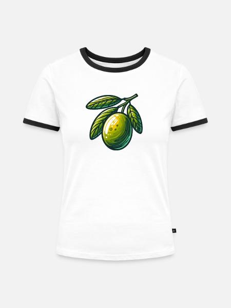 Goldene Olive auf Ast – Fruchtmotiv - Frauen Kontrast-T-Shirt - Weiß/Schwarz