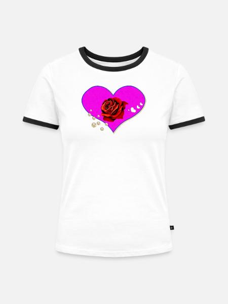 Neon Pink Herzrose perlenmuster - Frauen Kontrast-T-Shirt - Weiß/Schwarz