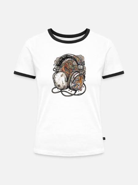Kopfhörer Asiatische Tattoos - Frauen Kontrast-T-Shirt - Weiß/Schwarz