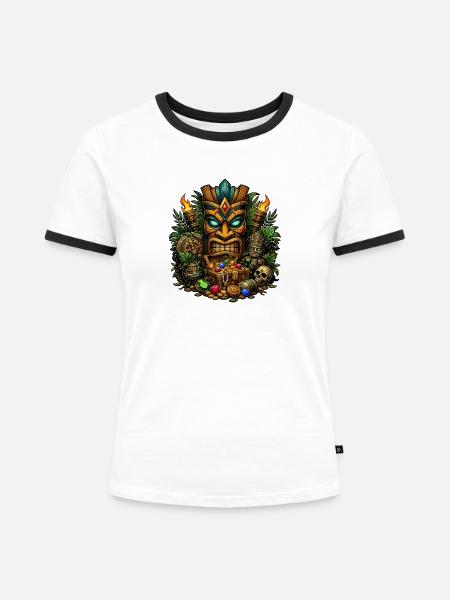 Tiki Schatzmaske mit Juwelen - Frauen Kontrast-T-Shirt - Weiß/Schwarz