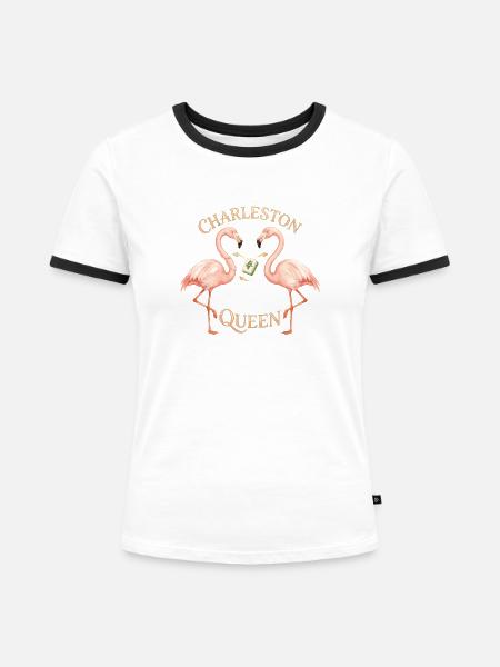 Mahjong Charleston Queen Flamingo - Frauen Kontrast-T-Shirt - Weiß/Schwarz
