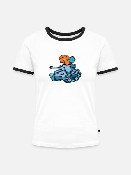 Fisch im Panzer Cartoon - Frauen Kontrast-T-Shirt - Weiß/Schwarz