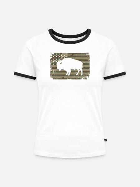 Tarnung amerikanischer Büffel-Silhouette - Frauen Kontrast-T-Shirt - Weiß/Schwarz