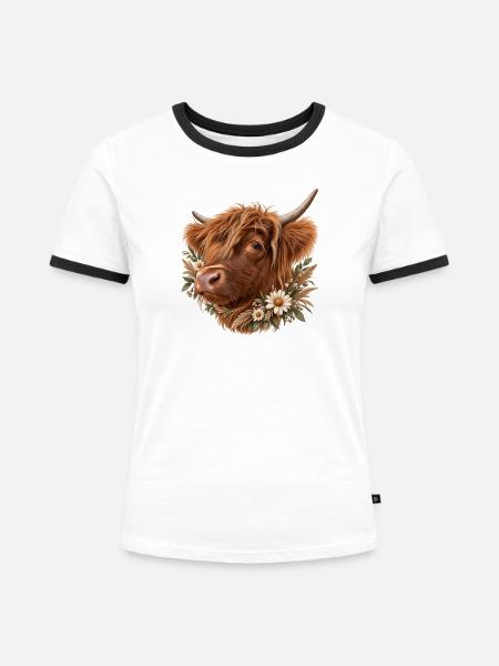 Cute Highland Cow Flower - Frauen Kontrast-T-Shirt - Weiß/Schwarz