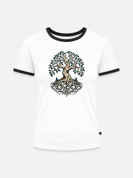Lebensbaum mit Wurzeln und Mondsichel - Frauen Kontrast-T-Shirt - Weiß/Schwarz